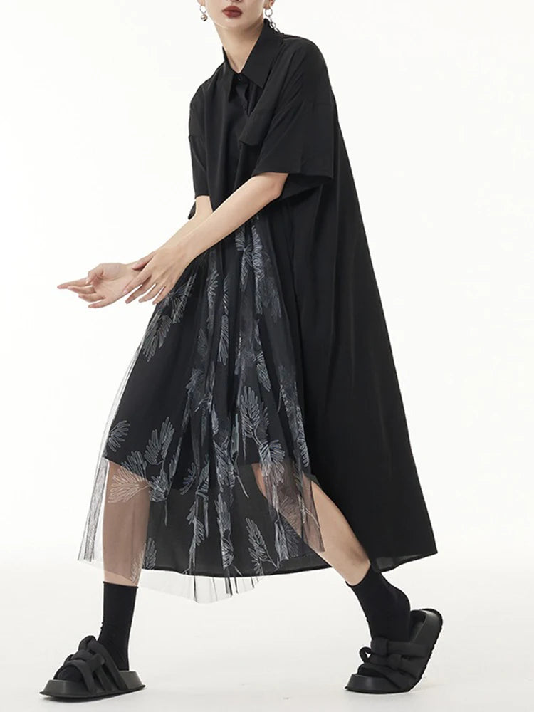 XITAO Loose Patchwork Shirt Dress Temperament Mesh Print Women Summer Short Sleeve Street Turn-down Collar Dress ZMY1078