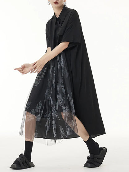 XITAO Loose Patchwork Shirt Dress Temperament Mesh Print Women Summer Short Sleeve Street Turn-down Collar Dress ZMY1078