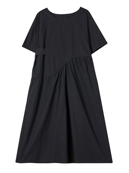 XITAO Folds Patchwork O-neck Dress Simple Solid Color Casual Irregular Short Sleeve Women Temperament Slimming Dress ZMY1062