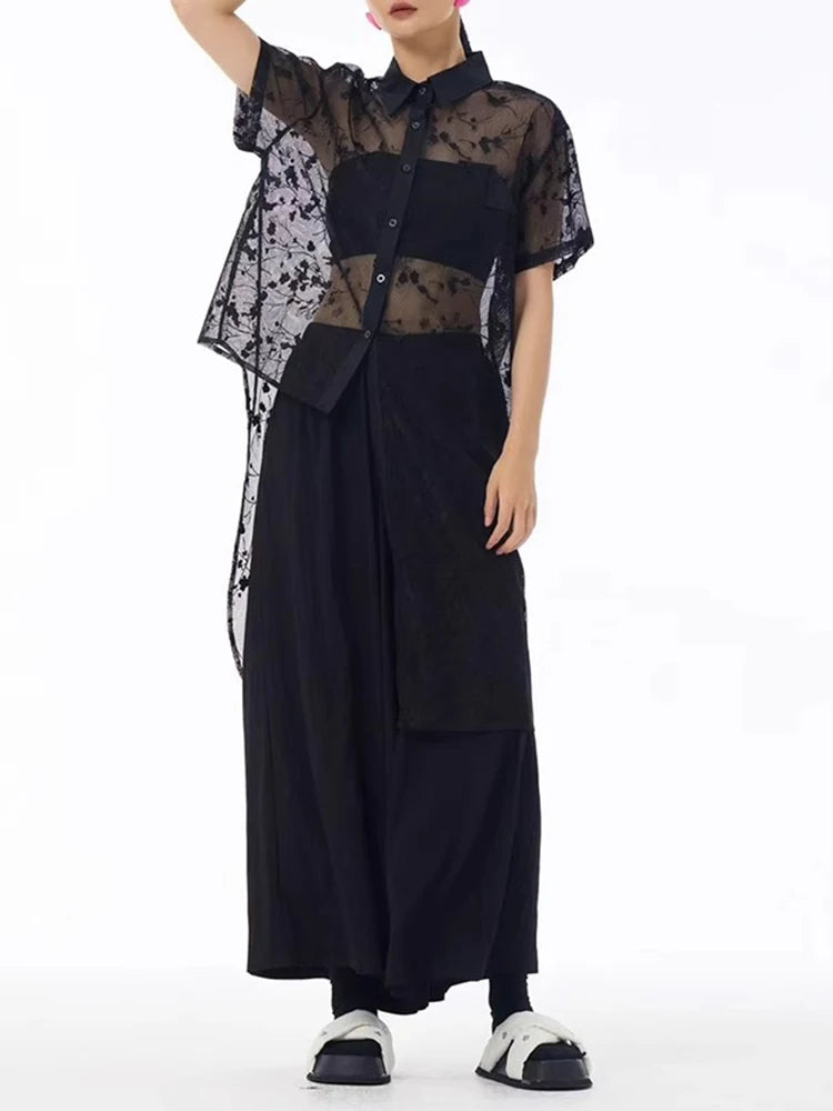 XITAO Asymmetrical Perspective Dress Single Breasted Turn-down Collar Solid Color Short Sleeve Casual Match Shirt Dress ZMY1374