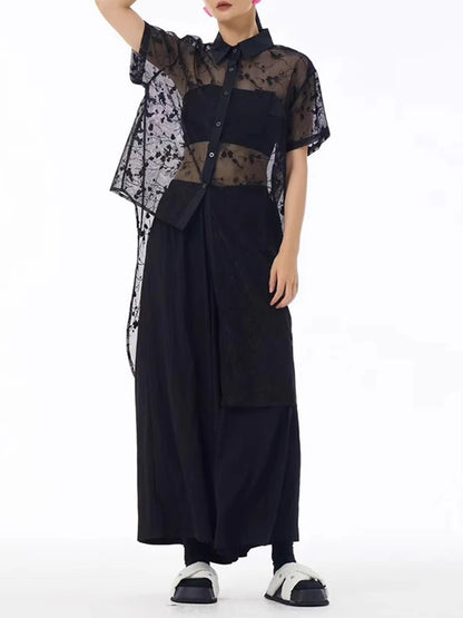 XITAO Asymmetrical Perspective Dress Single Breasted Turn-down Collar Solid Color Short Sleeve Casual Match Shirt Dress ZMY1374