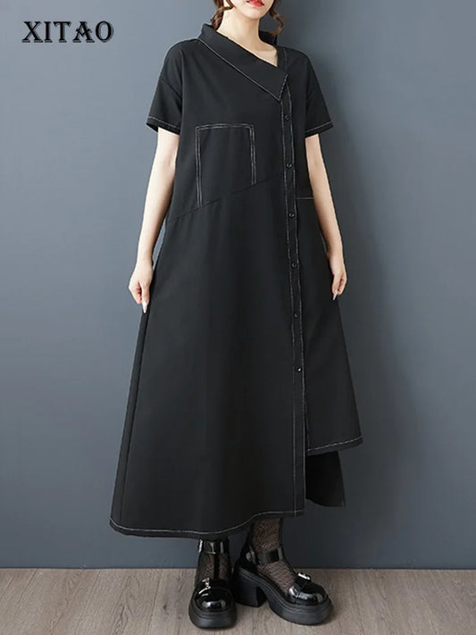 XITAO Solid Color Asymmetrical Vintage Dress Short Sleeve Single Breasted Personality Loose Slimming Summer Woman Dress ZMY1316
