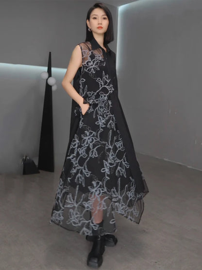 XITAO Asymmetrical Patchwork Print Turn-down Collar Dress Set Casual A-line Loose Fitting Sleeveless Summer Women Set ZMY1285