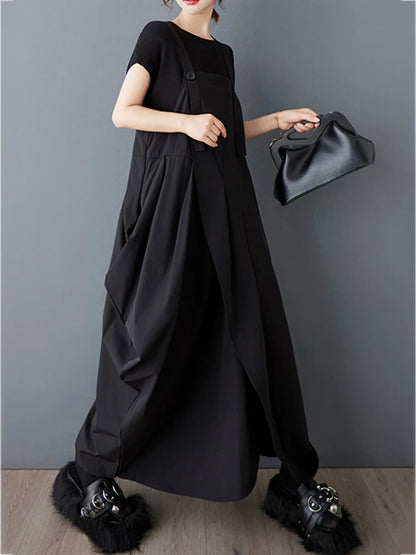 XITAO Irregular Pleated Straps Dress Casual Solid Color Loose Fitting Slimming Sleeveless Simple Button Women Dress ZMY1061