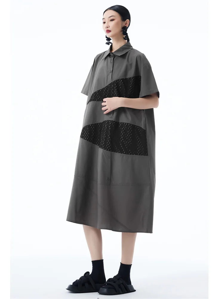 XITAO A-line Short Sleeve Loose Dress Slimming Temperament Patchwork Turn-down Collar Fashion Vintage Summer Woman Dress HQQ2511