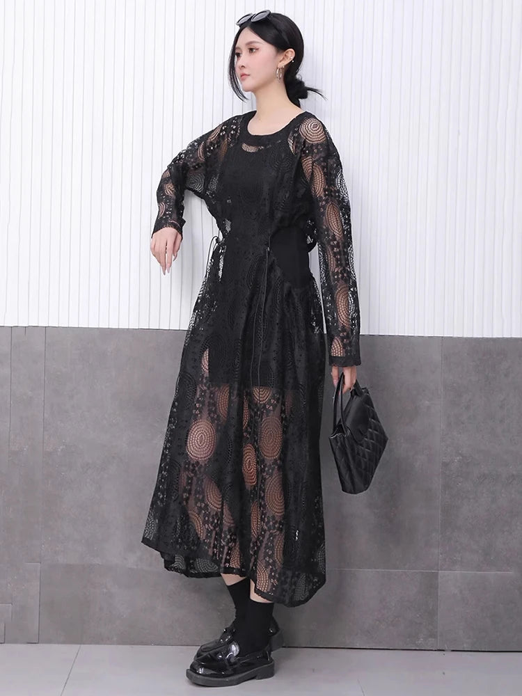 XITAO Loose Drawstring Hollow Out Dress Casual Long Sleeve Embroidery Trend Women Simple Temperament Elegant Dress HQQ2451