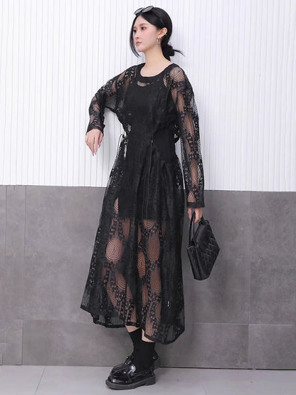 XITAO Loose Drawstring Hollow Out Dress Casual Long Sleeve Embroidery Trend Women Simple Temperament Elegant Dress HQQ2451