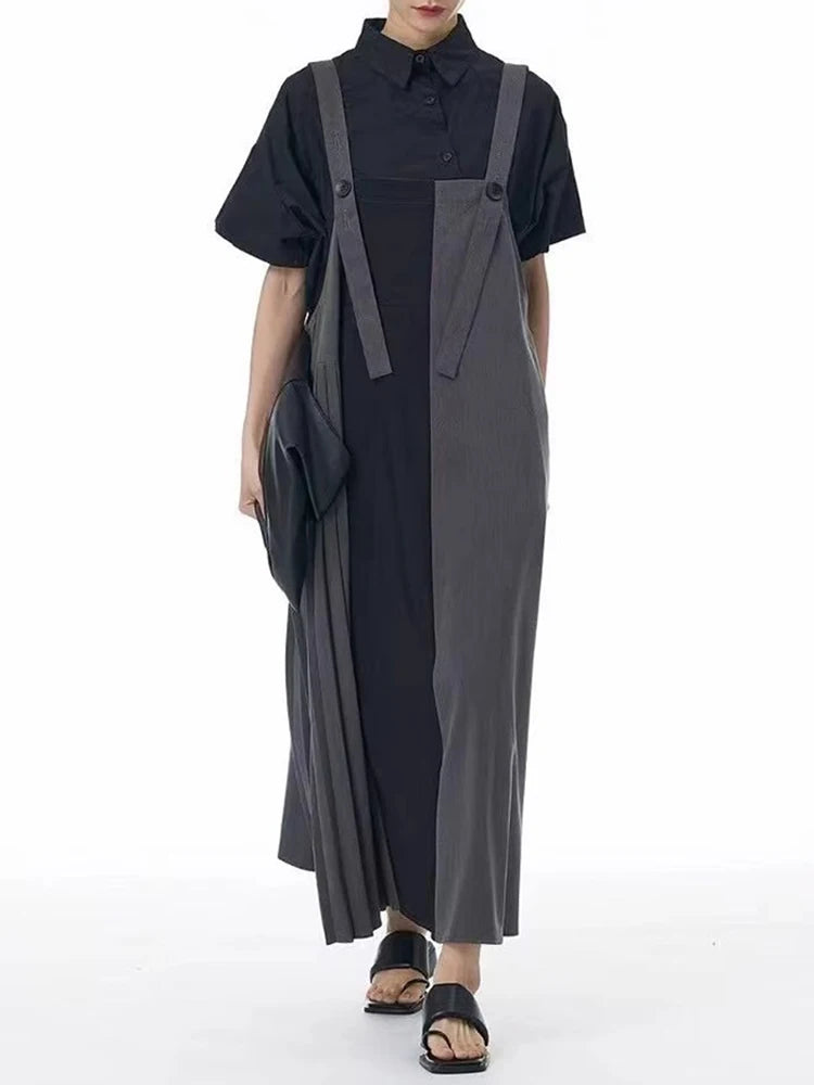 XITAO Loose Folds Dress Fashion Contrast Color Patchwork Women Irregular All-match A-line Sleeveless Summer Dress ZMY1183