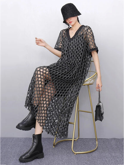 XITAO Hollow Out V-neck A-line Dress Short Sleeve Casual Loose Slimming All Match New Personality Summer Women Dress HQQ2467