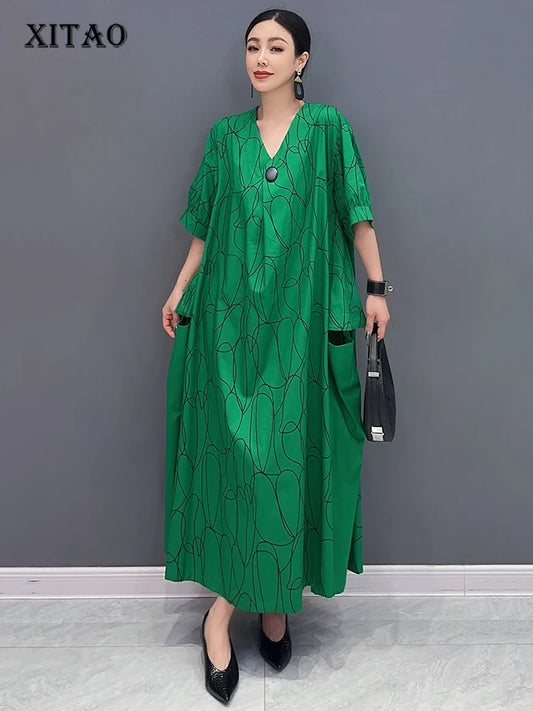 XITAO Loose Print Patchwork V-neck Green Dress Casual Fashion Temperament Pocket Women Simple Elegant Big Hem Dress GYX1581