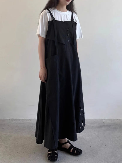 XITAO Hollow Out Square Collar Sleeveless Dress Pullover Solid Color Loose Camisole Temperament Ankle-length Casual Dress ZY8946