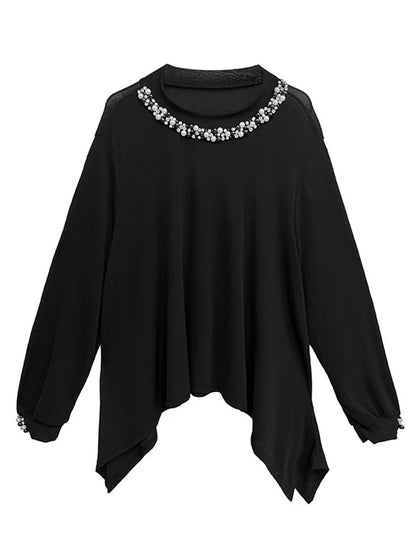 XITAO Asymmetrical Embroidered Flares T-Shirts Solid Color Long Sleeve Patchwork O-neck Pullover Loose Temperament Top ZMY1159