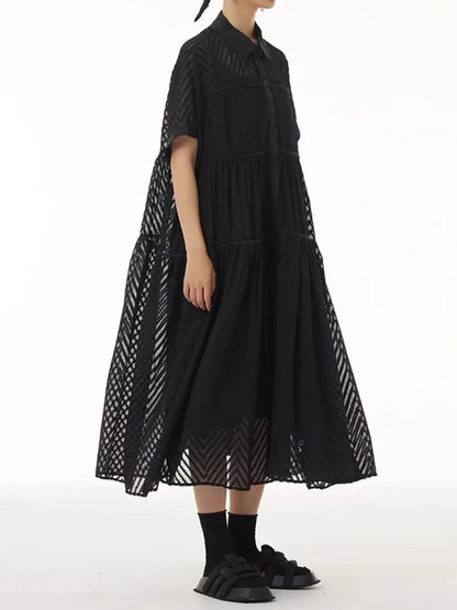 XITAO A-line Patchwork Loose Female Dress Solid Color Hollow Out Turn-down Collar New Arrival Woman Summer Dress ZMY1260