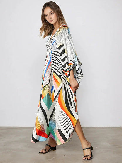 XITAO Batwing Sleeve Print Striped Dress Ankle-length Pullover V-neck Side Slit Slimming Summer Woman Loose Fashion Dress GJ1185