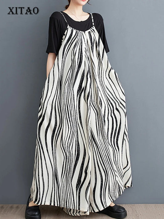 XITAO Striped Print Loose Jumpsuits Pocket Spaghetti Strap Casual New All-match Temperament Woman Summer Jumpsuits ZMY1272