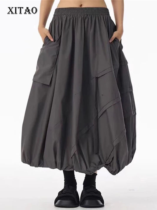 XITAO Casual Big Pocket Folds Skirt Solid Color Simple A-line Patchwork Women Loose All-match Trend Elastic Waist Skirt ZMY1166