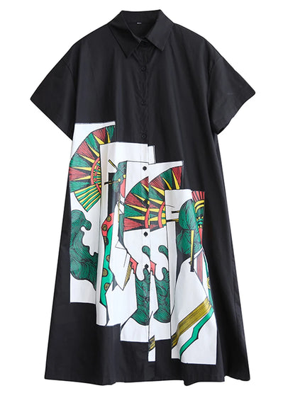 XITAO Patchwork Cartoon Print Dress Single Breasted Casual Short Sleeve Turn-down Collar Sweet New Summer Female Dress GJ1140