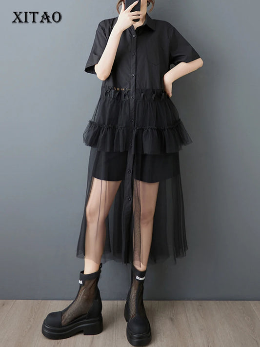 XITAO Patchwork Mesh Pleated Dress Casual Short Sleeve Turn-down Collar Single Breasted A-line Fashion Women Dress ZMY1195