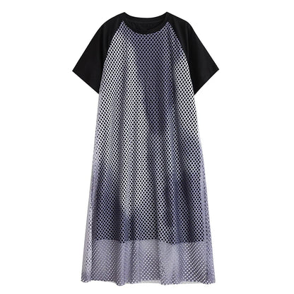 XITAO Patchwork Contrast Color Female Dress Mesh Hollow Out O-neck Short Sleeve Temperament Loose Summer Woman Dress ZMY1258