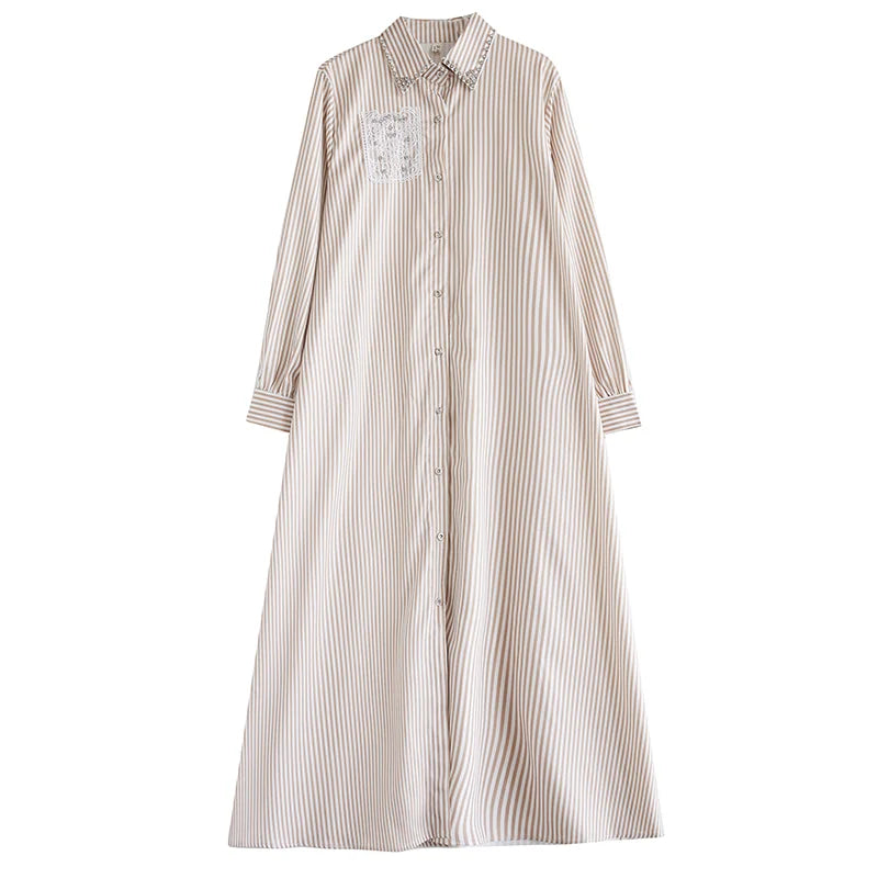 XITAO Turn Down Collar Stripe Women Shirt Dress Casual 2024 Autumn Long Sleeve Elegant Loose A-line Ankle Length Dress  LJ1070