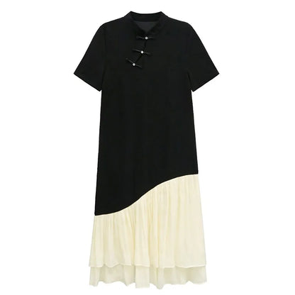 XITAO Gauze Patchwork Contrast Color Stand Collar Dress Single Breasted Pullover Loose Temperament Mid-calf Sweet Dress GYX1584
