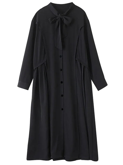 XITAO Bandage Patchwork Solid Color Folds Dress Long Sleeve Single Breasted Loose Slimming Temperament A-line Dress HQQ2502