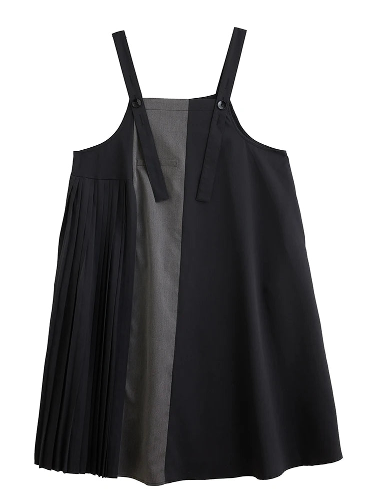 XITAO Pleated Patchwork Button Dress Sleeveless A-line Hong Kong All Match New Arrival Elegant Spring Women Dress ZMY1174