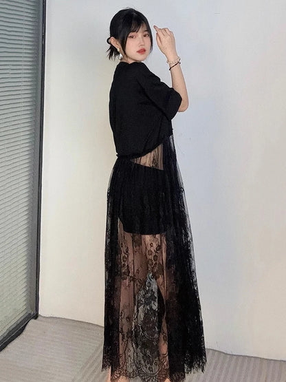 XITAO Patchwork Lace Perspective Pullover Dress Solid Color O-neck Short Sleeve Loose Casual Temperament Women Dress ZMY1245