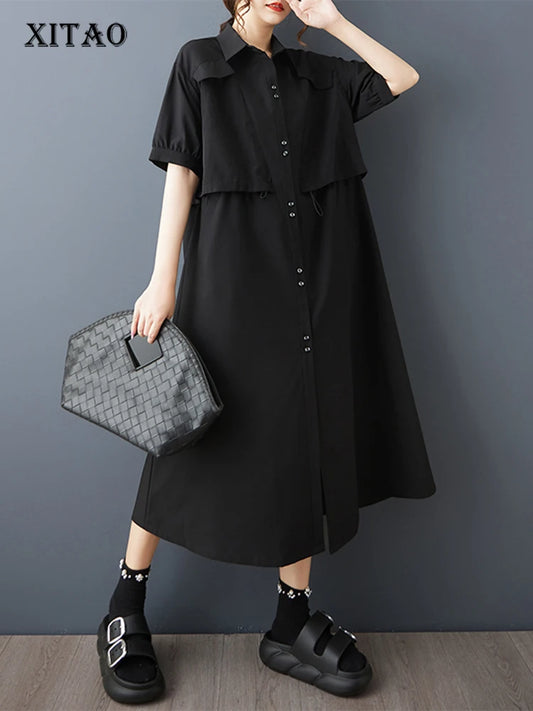 XITAO Drawstring Solid Color Dress Turn-down Collar Short Sleeve Slimming Patchwork Pocket Casual Summer Woman Dress ZMY1402