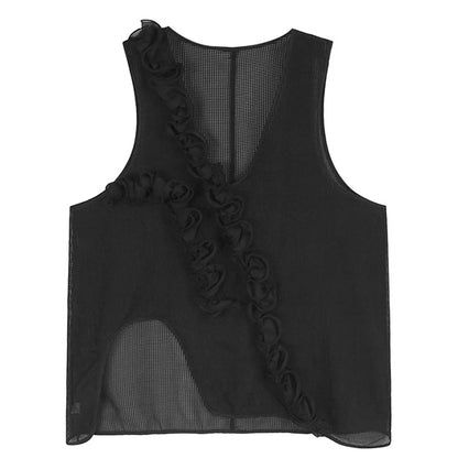 XITAO Grid Asymmetrical Flower V-neck Vest Casual Loose Sleeveless Fashion Solid Color Personality Summer Women Vest ZMY1126