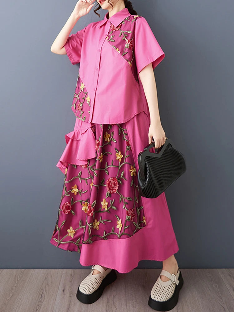 XITAO Embroidery Patchwork Gauze Sets Turn-down Collar Short Sleeve Two-piece Elastic Waist A-line Summer Dress Sets ZMY1389