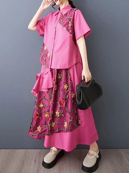 XITAO Embroidery Patchwork Gauze Sets Turn-down Collar Short Sleeve Two-piece Elastic Waist A-line Summer Dress Sets ZMY1389
