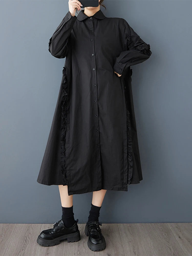 XITAO Edible Tree Fungus Patchwork Asymmetrical Dress Solid Color Single Breasted Turn-down Collar Loose Shirt Dress GYX1513