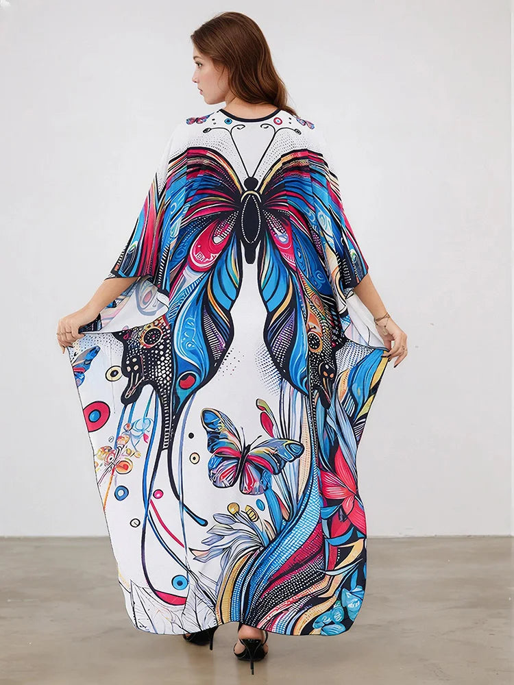XITAO A-line Bat Wing Sleeve Print Dress Contrast Color Fashion Loose V-neck Vintage Slimming Casual Summer Woman Dress  GJ1170