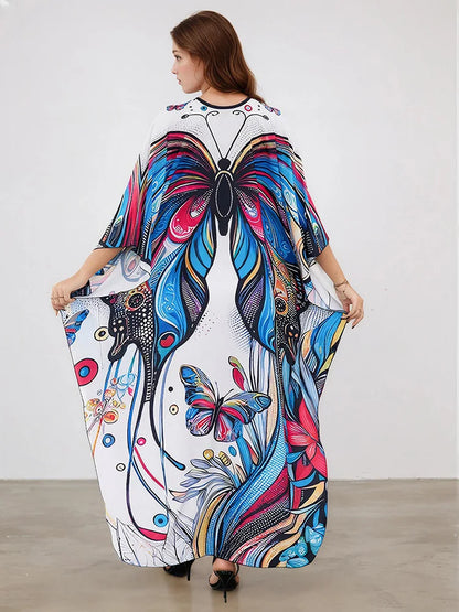 XITAO A-line Bat Wing Sleeve Print Dress Contrast Color Fashion Loose V-neck Vintage Slimming Casual Summer Woman Dress  GJ1170