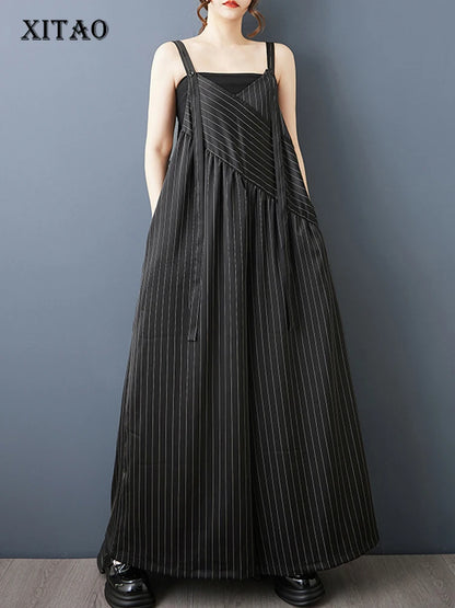 XITAO Striped Asymmetrical Casual Jumpsuits Loose Sleeveless V-neck Patchwork All-match Slimming Summer Woman Jumpsuits ZMY1404