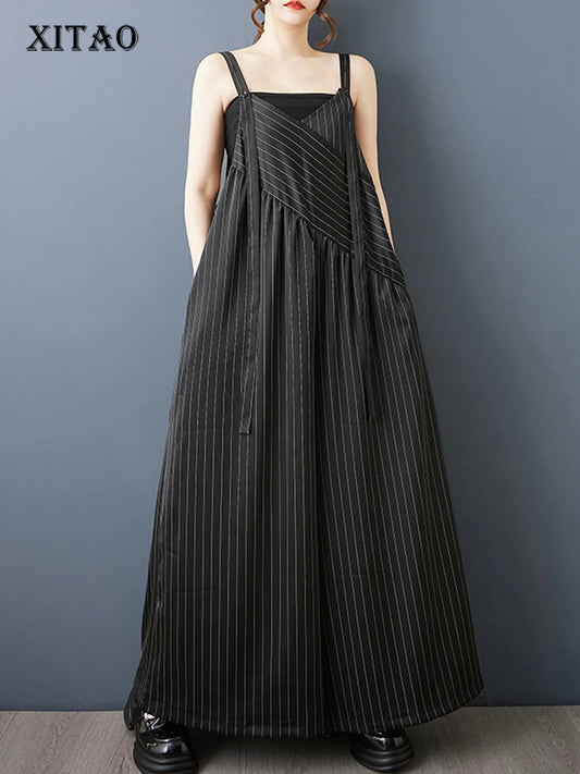 XITAO Striped Asymmetrical Casual Jumpsuits Loose Sleeveless V-neck Patchwork All-match Slimming Summer Woman Jumpsuits ZMY1404