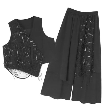XITAO Asymmetric Patchwork Sequin Matching Set Casual Sleeveless Wide Leg Button Fashion Spring Women Dress Set HQQ2457