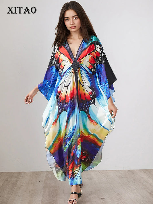 XITAO Irregular Print V-neck Bat Sleeve Female Dress Summer Women Thin Pullover All Match Fashion Street Tide Dress GJ1208