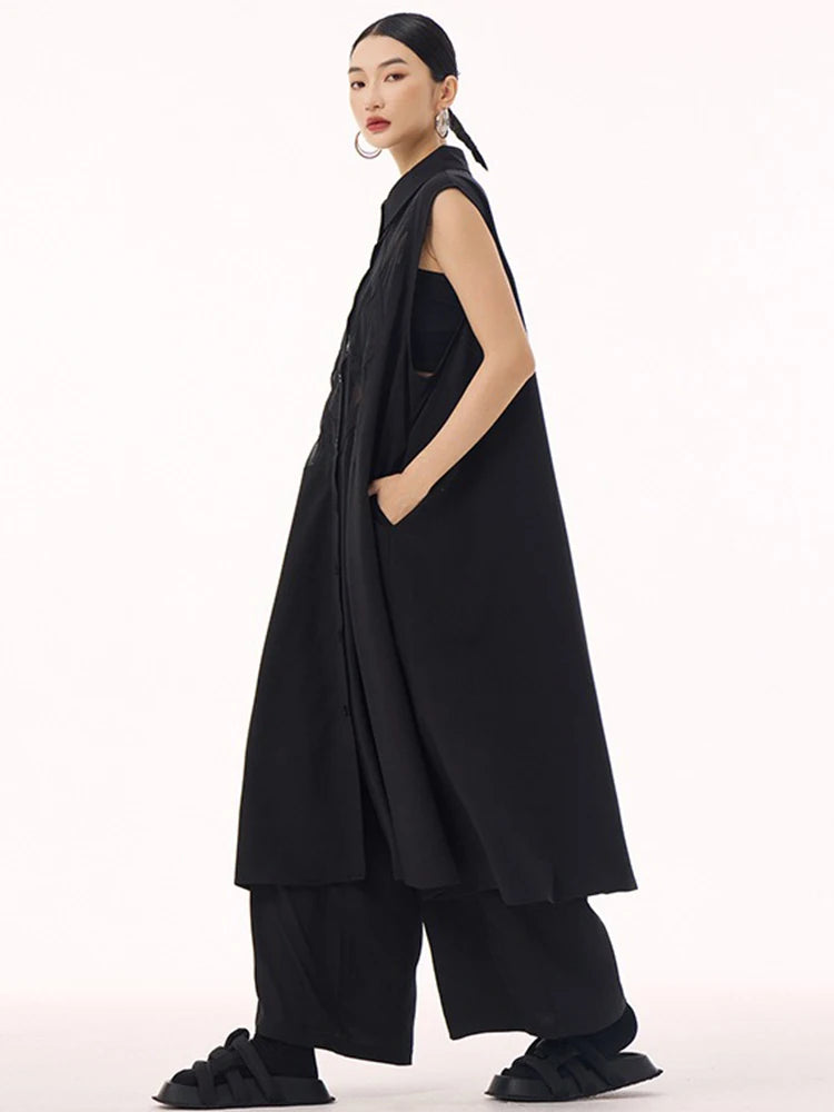 XITAO Vintage Patchwork Loose Dress Personality Sleeveless Single Breasted Women Casual Fashion Simple Shirt Dress GMM1303