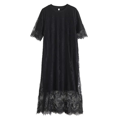XITAO Lace O-neck Half Sleeve Dress Casual Loose Fitting Elegant Comfortable Slimming Summer Fashion Women Dress ZMY1207