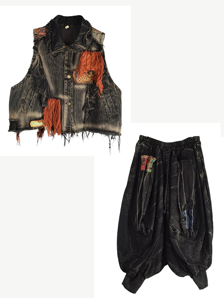 XITAO Personalized Trendy Vintage Denim Sets Short Vest Small Leg Lantern Pants Women's Autumn Loose and Stylish Set GJ1215