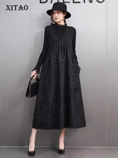 XITAO Casual Solid Color V-neck Mid-calf Sleeveless Pullover Black New A-line Patchwork Hong Kong Autumn Women Dress GMM1047