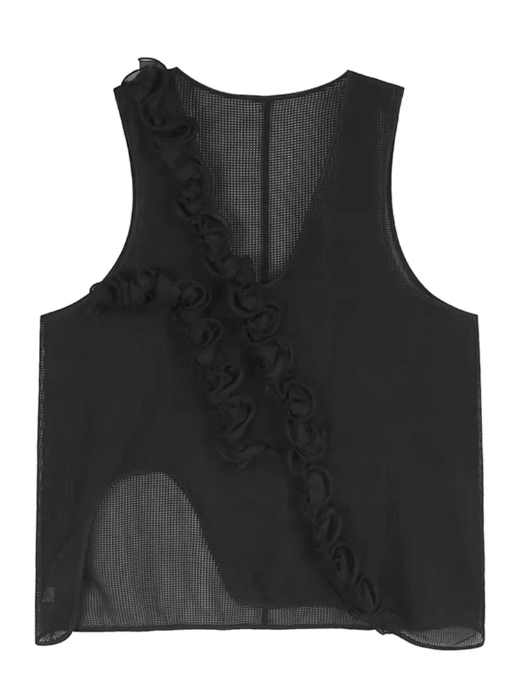XITAO Asymmetric Flower Patchwork Vest Personality V-neck Irregular Solid Color All-match Women Simple Temperament Top HQQ2478