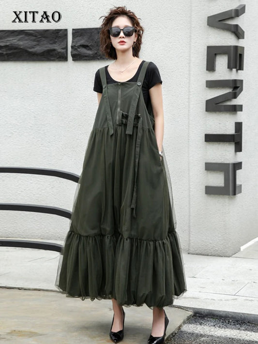 XITAO Gauze Pleated Bandage Strap Dress Sleeveless Solid Color Loose Casual Patchwork Personality Summer Woman Dress HQQ2497