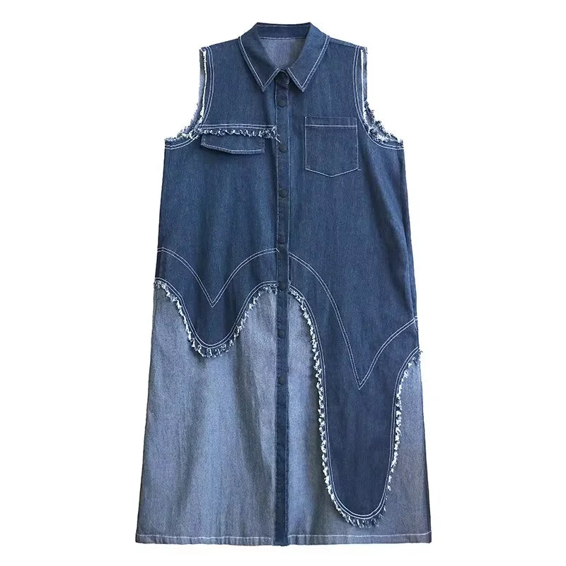 XITAO Casual Patchwork Dress Loose Irregular Turn-down Collar Single Breasted Women Summer Trend A-line Shirt Dress ZMY1158