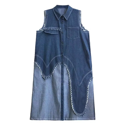 XITAO Casual Patchwork Dress Loose Irregular Turn-down Collar Single Breasted Women Summer Trend A-line Shirt Dress ZMY1158