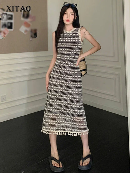 XITAO Contrast Color Tassel Knitted Dress Elegant Vintage Appear Thin Women Summer New Arrival O-neck Sleeveless Dress LYD1059