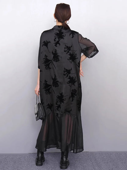 XITAO Patchwork Print Dress Gauze Loose Half Sleeve Elegant Single Breasted Temperament Vintage Summer Woman Dress ZMY1282