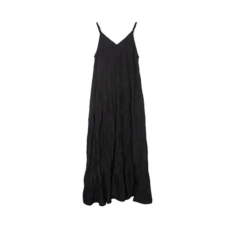 XITAO Black Folds Sleeveless Sling Dress Loose Fashion Sleeveless Simplicity Temperament Long Dress Summer New Women HQQ0867